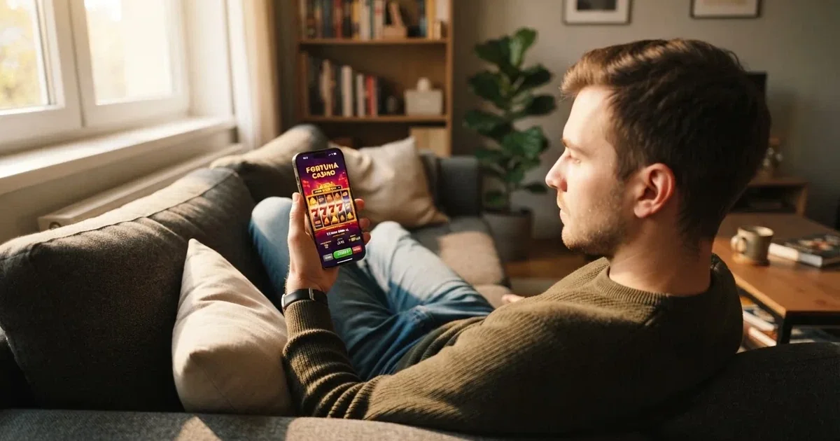 Mladý muž na pohovce drží telefon a se zaujetím sleduje hru na displeji odpoledne.